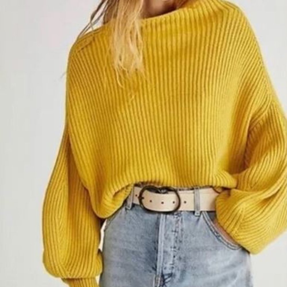 Free People Emmy Mock Neck Yellow Knit Sweater Size Small
